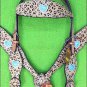 HILASON WESTERN LEATHER HORSE HEADSTALL BREAST COLLAR LEOPARD TURQUOISE CONCHO