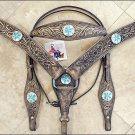 HILASON RUSTIC VINTAGE LEATHER HORSE HEADSTALL BREAST COLLAR TURQUOISE CONCHO