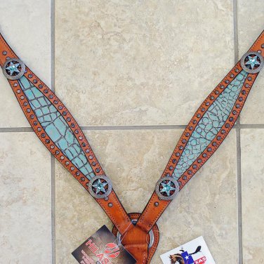 HILASON WESTERN TURQUOISE CROCODILE EMBOSSED LEATHER INLAY HORSE BREAST COLLAR