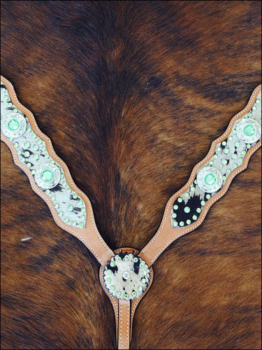 HILASON WESTERN COWHIDE HAIR ON LEATHER HORSE BREAST COLLAR W/ GREEN CONCHOS