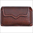 3D TAN BASKETWEAVE LEATHER HAND TOOLED LARGE SMARTPHONE HOLDER W/ METAL CLIP