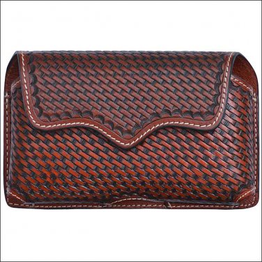 3D TAN BASKETWEAVE LEATHER HAND TOOLED LARGE SMARTPHONE HOLDER W/ METAL CLIP