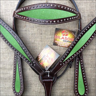 HILASON WESTERN LEATHER HORSE BRIDLE HEADSTALL BREAST COLLAR BROWN LIME GREEN