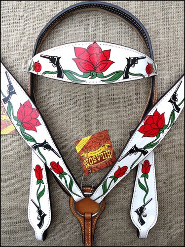 S80 HILASON WESTERN LEATHER HORSE HEADSTALL BRIDLE BREAST COLLAR ROSE CROSS GUN