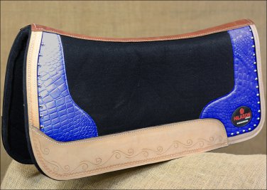 FP835-F HILASON WESTERN WOOL FELT SADDLE PAD W/ BLUE ALLIGATOR PRINT LEATHER
