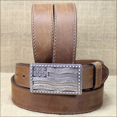 42" JUSTIN BROWN FLYING HIGH WESTERN LEATHER BELT W/ FLAG BUCKLE MADE IN THE USA