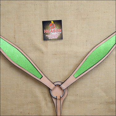 HILASON WESTERN LEATHER HORSE BREAST COLLAR TAN LIME GREEN INLAY