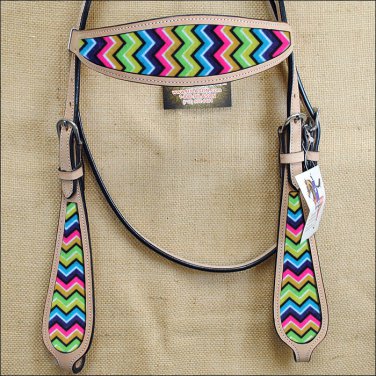 HILASON WESTERN LEATHER HORSE HEADSTALL BRIDLE TAN AZTEC INLAY
