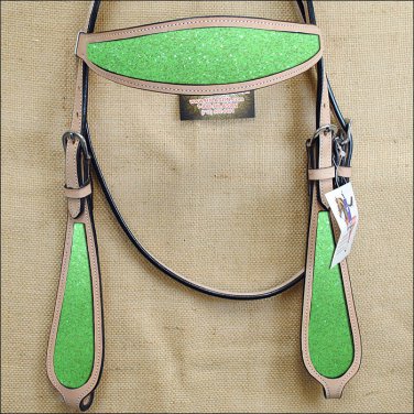 HILASON WESTERN LEATHER HORSE HEADSTALL BRIDLE TAN LIME GREEN INLAY
