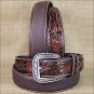 34 INCH WESTERN ARIAT SILVER BUCKLE LEATHER MENS BELT TOOLED FLORAL TAN