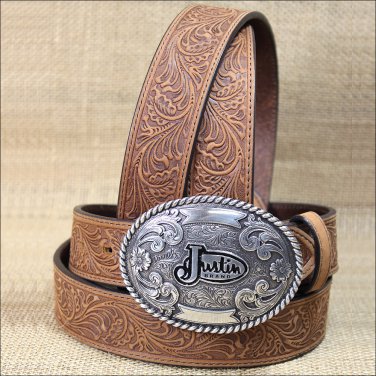 36" JUSTIN COPPER GRIZZLE TROPHY WESTERN TOOLED LEATHER BELT 1-1/2" WIDE