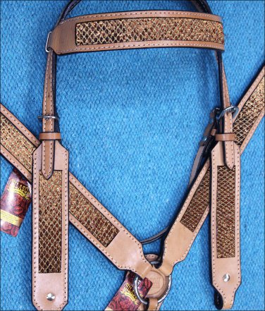 HILASON WESTERN LEATHER HORSE BRIDLE HEADSTALL BREAST COLLAR TAN W/ GOLD INLAY
