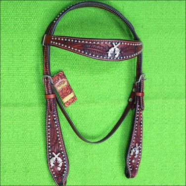 HILASON WESTERN LEATHER HORSE HEADSTALL BRIDLE MAHOGANY W/ CROSS GUN CONCHO