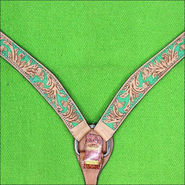 HILASON WESTERN LEATHER HORSE BREAST COLLAR TAN GREEN HAND PAINT