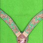 HILASON WESTERN LEATHER HORSE BREAST COLLAR TAN GREEN HAND PAINT