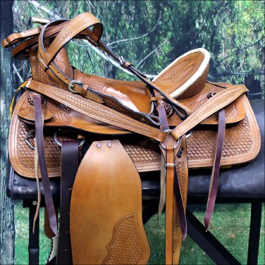 WESTERN LEATHER YOUTH CHILD BARREL RACING TRAIL SADDLE W/ BRIDLE COLLAR SET 14"