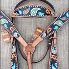 HILASON WESTERN LEATHER HORSE BRIDLE HEADSTALL BREAST COLLAR HAND PAINT PAISLEY