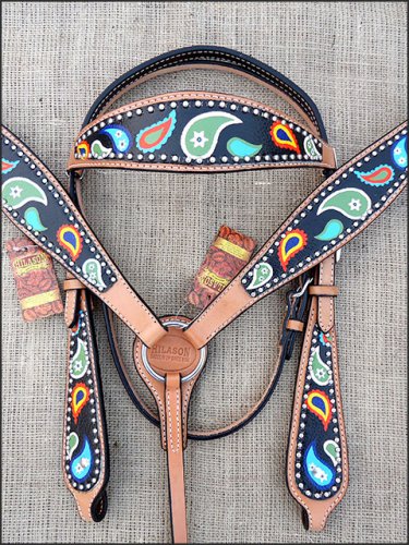 HILASON WESTERN LEATHER HORSE BRIDLE HEADSTALL BREAST COLLAR HAND PAINT PAISLEY