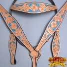 HILASON LEATHER WESTERN HORSE BRIDLE HEADSTALL BREAST COLLAR TAN TURQUOISE INLAY