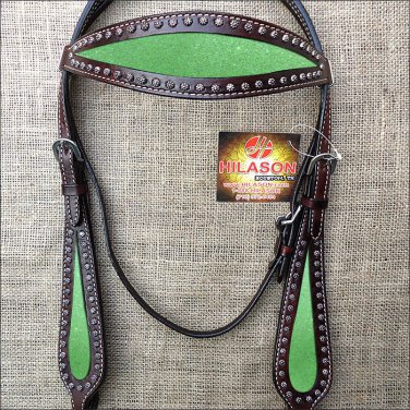 HILASON WESTERN LEATHER HORSE BRIDE HEADSTALL BROWN W/ LIME GREEN INLAY