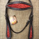 HILASON WESTERN LEATHER HORSE BRIDLE HEADSTALL BLACK W/ RED GLITTER INLAY