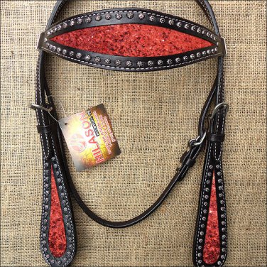 HILASON WESTERN LEATHER HORSE BRIDLE HEADSTALL BLACK W/ RED GLITTER INLAY