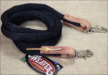 BLACK 8ft WEAVER HORSE POLY ROPING REINS W/ LEATHER LACES LOOP ENDS