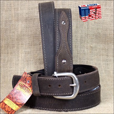 34 INCH DISTRESS BROWN LEATHER RANGER BELT CLASSIC 3 PIECE STYLING MADE IN USA