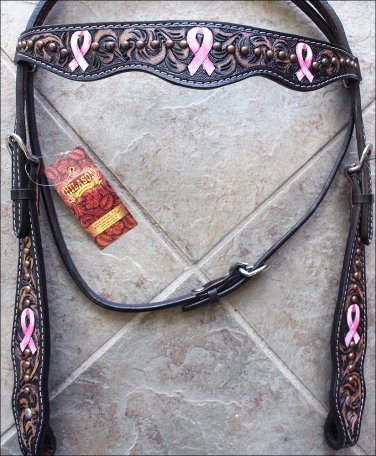 HILASON WESTERN LEATHER HORSE BRIDLE HEADSTALL BROWN PINK BREAST CANCER RIBBON