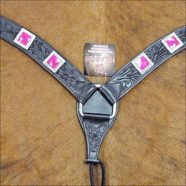 HILASON WESTERN LEATHER BREAST COLLAR BLACK W/ PINK BLING CONCHO