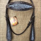 HILASON WESTERN LEATHER HORSE BRIDE HEADSTALL BLACK W/ SILVER INLAY