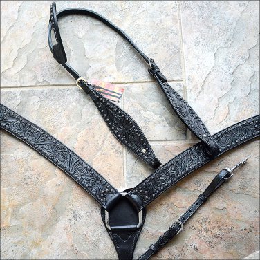 HILASON WESTERN LEATHER HORSE ONE EAR HEADSTALL BRIDLE BREAST COLLAR BLACK