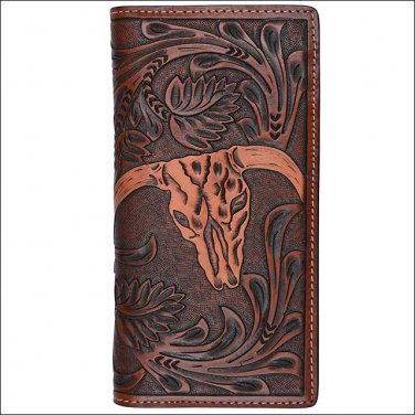 7 1/4" x 3 1/2" 3D TAN WESTERN HAND TOOLED FLORAL LEATHER MENS RODEO WALLET