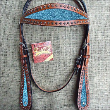 HILASON WESTERN LEATHER HORSE HEADSTALL BRIDLE MAHOGANY TURQUOISE INLAY