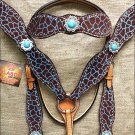 HILASON WESTERN LEATHER HORSE HEADSTALL BREAST COLLAR GIRAFFE TURQUOISE CONCHO