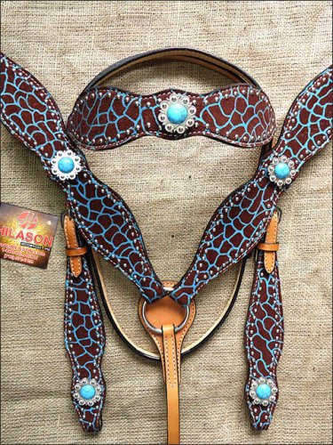 HILASON WESTERN LEATHER HORSE HEADSTALL BREAST COLLAR GIRAFFE TURQUOISE CONCHO