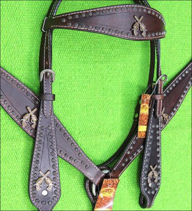 HILASON WESTERN LEATHER HORSE HEADSTALL BREAST COLLAR BROWN CROSS GUN CONCHO