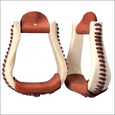 TOUGH 1 HAND LACED LEATHER RAWHIDE ROYAL KING BELL BOTTOM HORSE STIRRUPS PAIR