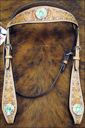 HILASON WESTERN LEATHER BRIDLE HEADSTALL TAN W/ GREEN WHEEL CONCHO