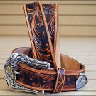 42in. TONY LAMA TOOLED LEATHER WESTERLY RIDE MEN BELT TAN MADE IN THE USA