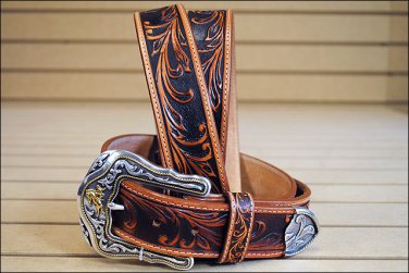 42in. TONY LAMA TOOLED LEATHER WESTERLY RIDE MEN BELT TAN MADE IN THE USA
