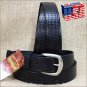 58IN. BLACK 1.5in CASUAL LEATHER BELT EMBOSSED BASKET DESIGN MADE IN USA