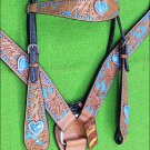 HILASON WESTERN LEATHER HORSE HEADSTALL BREAST COLLAR TAN TURQUOISE HEART CONCHO