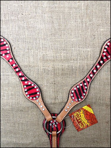 HILASON WESTERN RED ZEBRA HAIR ON LEATHER HORSE BREAST COLLAR