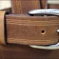 38IN. TAN 1.5in CASUAL LEATHER BELT TRIPLE STITCHED EMBOSSED BORDER MADE IN USA