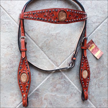 V1 HILASON WESTERN LEATHER HORSE HEADSTALL BRIDLE MAHOGANY BLACK HAIR ON INLAY