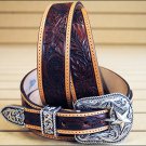 42in. JUSTIN TOOLED TAPER WESTERN LEATHER MEN BELT BROWN SILVER ENGRAVED BUCKLE