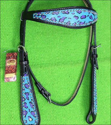 HILASON WESTERN LEATHER HORSE HEADSTALL BRIDLE TURQUOISE BLACK CHEETAH