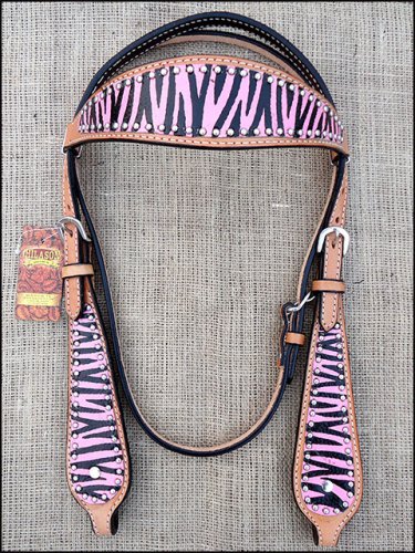 S585 NEW HILASON WESTERN LEATHER HORSE BRIDLE HEADSTALL HAND PAINT PINK ZEBRA