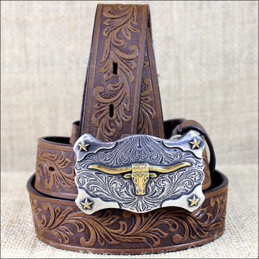 TONY LAMA BROWN BOY'S FLORAL TOOLED LEATHER LITTLE TEXAS WESTERN BELT